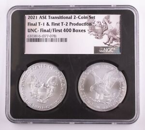 2021 Silver Eagles $1 NGC UNC Final T-1 & T-2 ASE Transitional 2 Coins 077-078