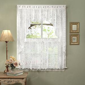 Hopewell Heavy White Lace Kitchen Curtain Choice of Tier Valance or Swag