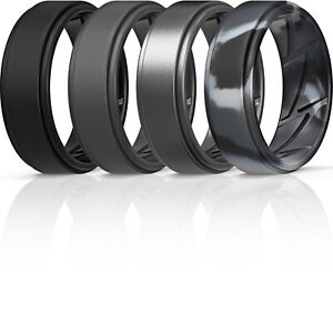 ThunderFit Silicone Wedding Rings for Men, Airflow Grooves, 8mm wide (4 Pack)