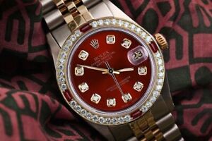 Ladies Rolex Datejust 31 mm Red Diamond Dial Ruby & Diamond Bezel 2 Tone Watch