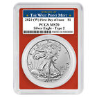 2021 (W) $1 Type 2 American Silver Eagle PCGS MS70 FDOI West Point Label Red ...