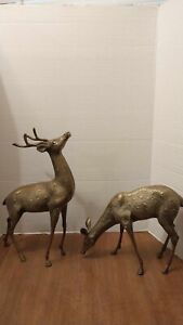 Large Pair Mid Century Brass Spotted Buck Doe Deer Statue Reindeer Figurine Set