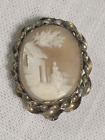 VINTAGE VICTORIAN SCENIC LANDSCAPE CARVED CAMEO BROOCH / PIN - COTTAGE & PERSON