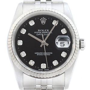 Rolex Mens Datejust 16234 18K Gold Steel Black Diamond Dial Watch w/ Rolex Band