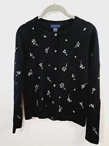 Ann Taylor Women's Black Embroidered Floral Merino Wool Cardigan Sweater Size XS