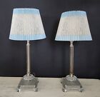 Vintage Pair Crystal Glass Boudoir Table Lamps Lace Shades Candlestick Hobnail