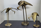 MCM LARGE Brass Chinese Cranes Heron Egret Figurines Sculptures Set of 3 Vintage