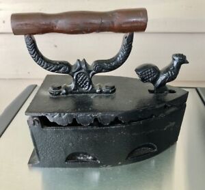 Cast Iron Coal Sad Iron with Rooster Latch & Wood Handle Scalloped Vents