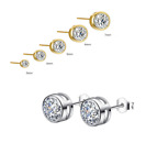 925 Sterling Silver Gold Round Bezel Set Cubic Zirconia Stud Earrings Gift A22