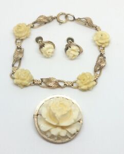 Vintage WRE 12k Gold Filled Flower Brooch Bracelet & Screwback Earrings Set