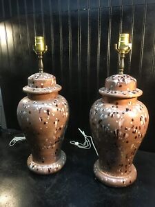 Mid Century MCM Pair Of Brown Drip Glaze Ceramic Pottery Table Lamps 22.5