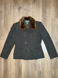 VINTAGE Ralph Lauren Jacket Womens 8 Black LRL Faux Fur Trim Wool Coat Blazer