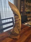 Large Vintage Hand Carved Water Buffalo Horn on wood base. 16-1/2