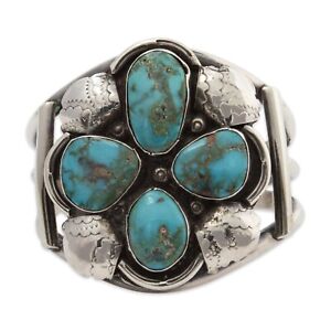 HEAVY OLD PAWN STERLING SILVER BLUE TURQUOISE BOLD CUFF BRACELET 6.5