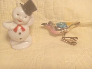 Vintage Snowman Candy Container & Clip On Bird Ornament Glass Spun Tail