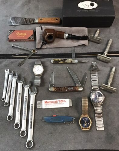 New ListingVintage - Modern Junk Drawer Lot Tools Pocket Knives Watches Razors Collectibles