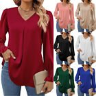 Women V Neck T-Shirt Tops Long Sleeve Pullover Blouse Plain Loose Tunic Tees