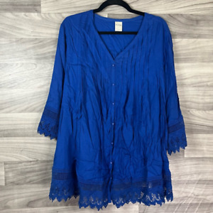 Blair Tunic Top Women's XL Blue Solid 3/4 Sleeve V Neck Pintuck Crochet Blouse