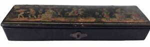 Antique Asian Paper Mache Lacquered Wooden Trinket Box Jewelry Pencil Box
