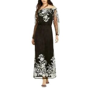 INC Maxi Dress Black Floral Embroidered Off Shoulder Long Sleeve Womens 2 $120