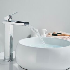 Bathroom Basin Sink Faucet Tall Waterfall Single Handle Counter top Mixer Tap