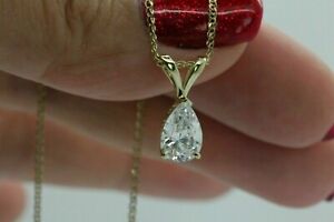 2Ct Solitaire Pendant Necklace Solid 14k Yellow Gold Finish Pear Shaped Diamond