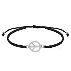 Trendy Hippie Peace Sign Sterling Silver Charm Black Rope Adjustable Bracelet