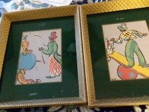 Vintage artist May Antique circus Carnival  Clown Balancing Dogs lithograph