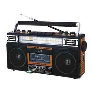 Supersonic SC-3201BT 4-Band Bluetooth Radio, USB & Cassette Player Boom Box Wood