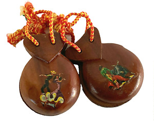 Percussion Instrument Castanets Set of 2 Flamenco Dances Hand Wood Hand Painted