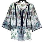 New York & Co.Top Size L Semi Sheer Floral Drawstring Waist Tunic Top Blouse