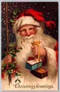 Red Robe~Santa Claus with Walking Stick~Holly~Gifts~1910 Christmas Postcard~h674
