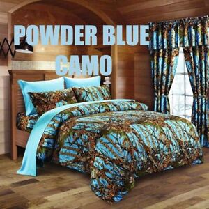 7 PC POWDER BLUE CAMO KING SIZE COMFORTER WITH SHEETS PILLOWCASES