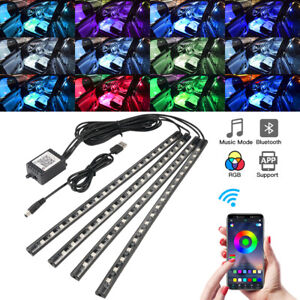 4x RGB 72 LED USB Car Interior Floor Atmosphere Light Strips Bluetooth Phone APP