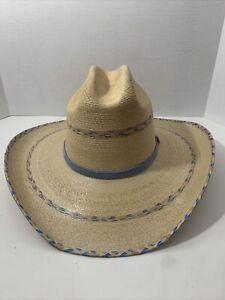 Small Alamo Woven Cowboy Hat Blue Strap Wicker Possibly Juniors Size 6 7/8