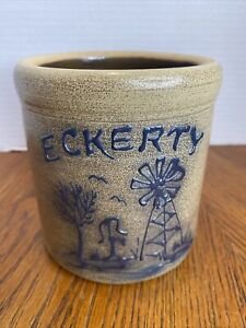 Vintage Maple City Pottery Glazed Crock Blue Eckerty Indiana