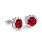 Natural RED and White Topaz Halo Stud Earrings 925 Stamped Sterling Silver