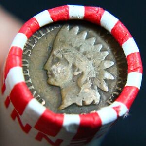 Indian Head Penny Showing On End Of 50 Coin Lincoln Wheat Roll