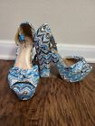 Teal Blue Colorful Qupid Chevron Knitted Chunky Platform Heels Size 6