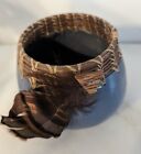 Hand Carved Gourd Bowl Woven Top Feather Embellished Signed