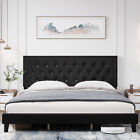 Full Faux Leather Platform Bed Frame with Diamond Button Tufted and Nailhead