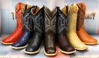 Men's Western Cowboy Boots Ostrich Quill Pattern Genuine Leather Square Toe
