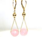 14K Solid Yellow Gold Dangle Earrings With Natural Faceted Rose Quartz Stones