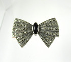 .925 Sterling Silver Vintage Brooch Pin Marcasite & Black Onyx Bow 1.75