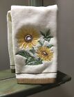 Embroidered Sunflowers on Ivory Velour Cotton Fingertip Bathroom Towel w/Stripes