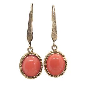 Antique 14K Yellow Gold Red Coral Earrings Undyed Untreated Coral