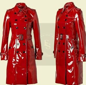 Womens Trench Red Coat PVC Vinyl Shiny Gothic Emo Best quality Faux Leather Coat