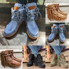 Women Moccasin Boots-Flat Suede Fringed-Ankle Booties Winter Warm Shoes Short