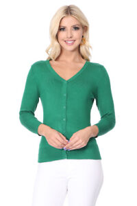 YEMAK Women's 3/4 Sleeve V-Neck Button-Down Basic Sweater Cardigan CO078 (S-XL)