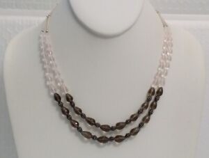 Vintage 925 Silver Genuine Rose & Smokey Quartz Briolette Liquid Chain Necklace